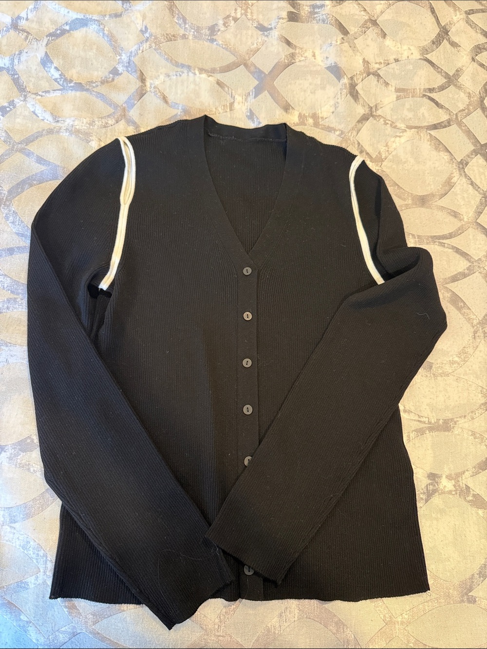 Men's Black V-Neck Button Cardigan with White Shoulder Trim